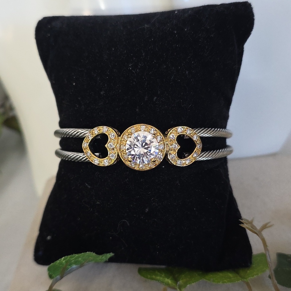 Silver Steel Cable Open Cuff Bracelet with CZ Center And Pave Hearts